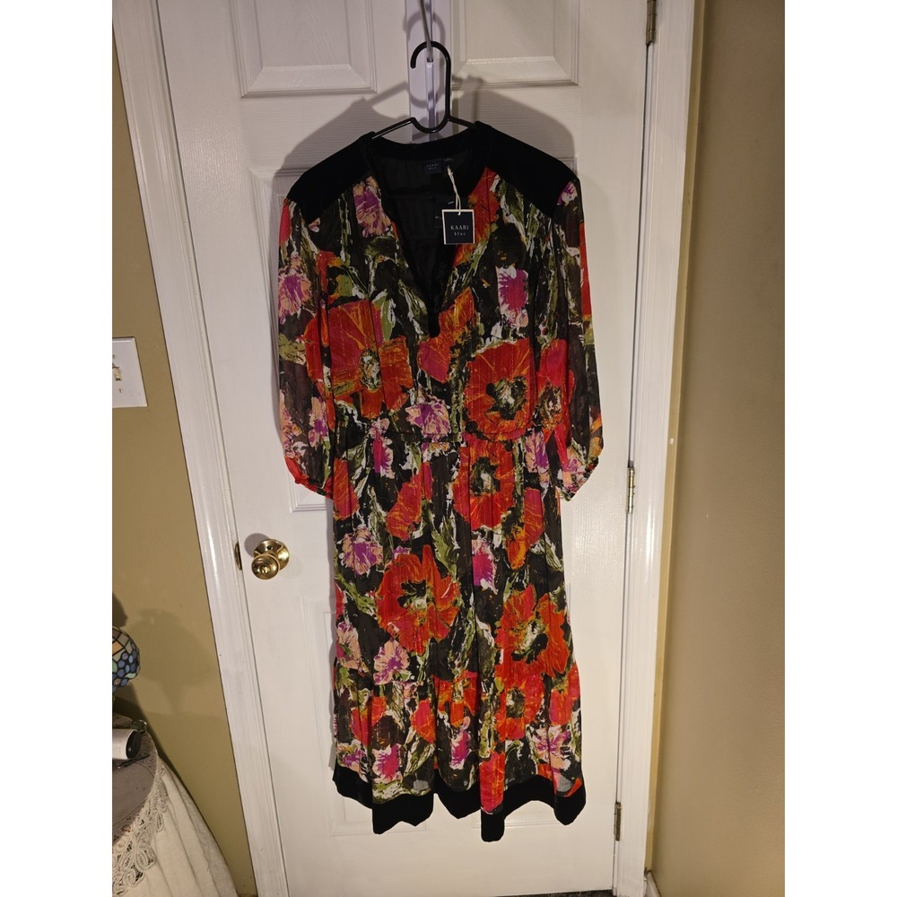 Modern Kaari Blue Poppy Floral Midi Dress Velvet Trim Boho Romantic Maximalist L